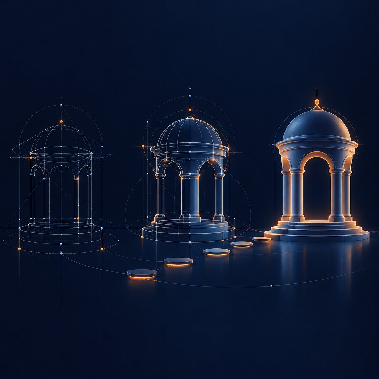 Three pavilions showing progression from sketch to finished building, in navy with orange highlights